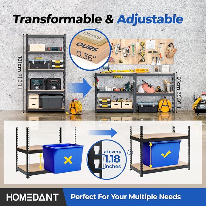 HOMEDANT 5 Tier Laminated Boltless Metal Shelving Unit Adjustable Garage Storage Utility Rack Heavy Duty Shelves Organization Multipurpose Shelf Warehouse Pantry Shed 35.9" W x 18.2" D x 71.3" H 1Pack-NeatNest