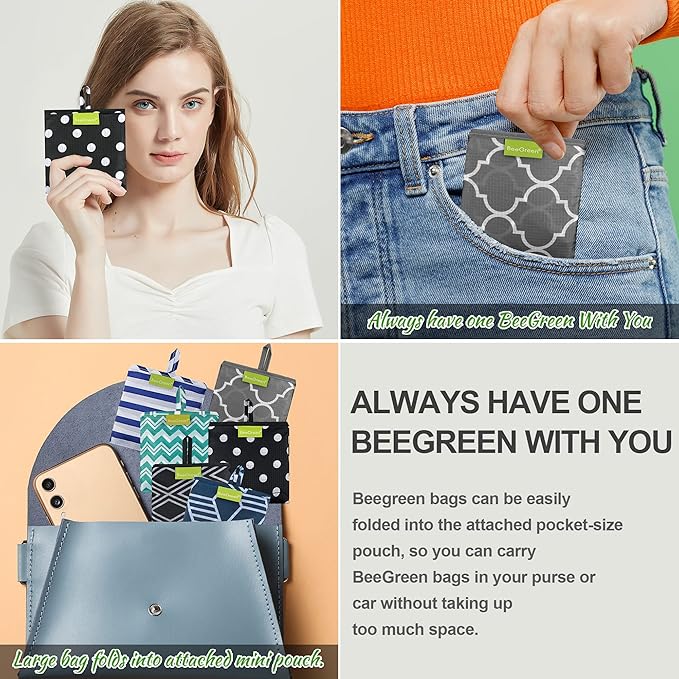 BeeGreen Grocery Bags | Reusable Gift Bags, Large Tote for Women & Foldable Beach Bag - 6 Pack Reusable Bag With Handles | Collapsible Cute Cloth Storage for Market, Holiday & Shopping | Washable-NeatNest