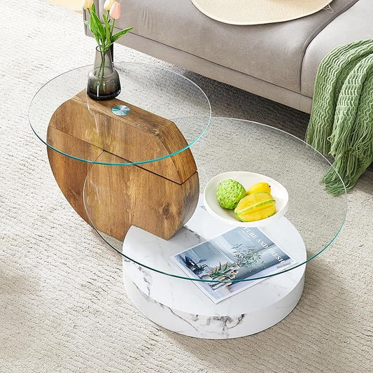 Glass Coffee Tables Round Coffee Tables for Living Room Modern 3 Tier Round Table Circle Coffee Table for Small Space Home Office (35.4 Inch White + Wood)