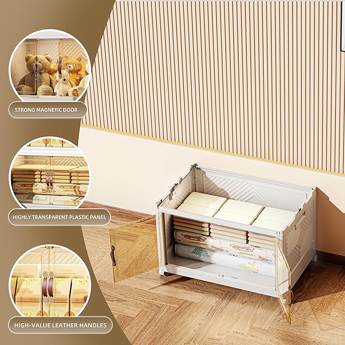 104 QT / 26 Gal Stackable Collapsible Storage Bins with Magnetic Doors & Wheels - Space-Saving Plastic Organizer Cabinet for Closet, Office, Home (White)-NeatNest