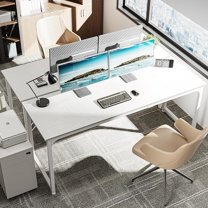 Huuger Computer Desk, 70 Inch Office Desk, Gaming Desk with Storage, Writing Desk Work Desk for Home Office, Study, Long Simple Desk, Large Legroom, Metal Frame, White-NeatNest
