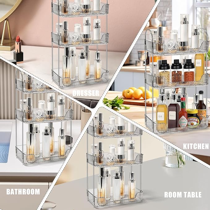 Bathroom Counter Organizer Countertop Storage Skincare Countertop Makeup Organizer Cosmetics Skincare Organizers Holder for Perfume-Grey-Silver Pole-3 Tier-NeatNest