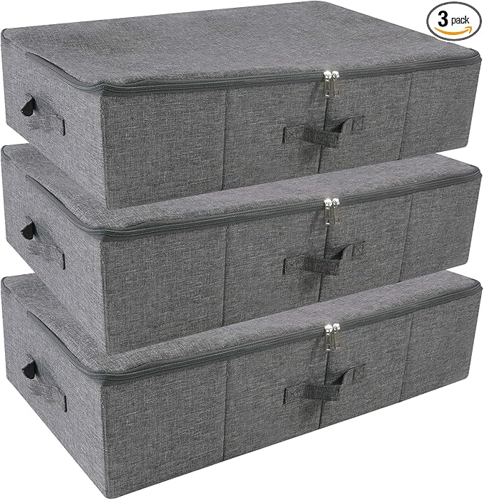 Folding Washable Rigid Underbed Storage Boxes with Zip Lid for Garment, Clothing, Blankets for Bedroom, College Dormroom, Wardrobe, Shelf Baskets, Pack of 3, Black Gray-NeatNest