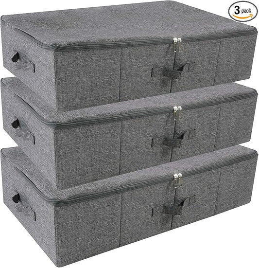 Folding Washable Rigid Underbed Storage Boxes with Zip Lid for Garment, Clothing, Blankets for Bedroom, College Dormroom, Wardrobe, Shelf Baskets, Pack of 3, Black Gray-NeatNest