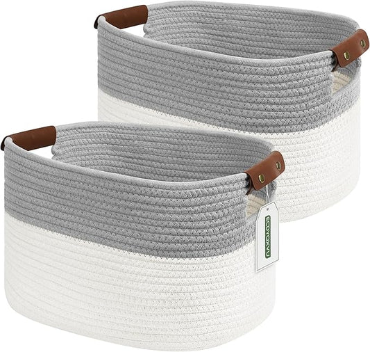 Cotton Rope Storage Baskets,15x10x9 in,Collapsible Storage Bins, Decorative Woven Basket Cube Storage Organizer for Laundry, Towel, Clothes (White/Grey-2Pack, 15x10x9 inches)-NeatNest