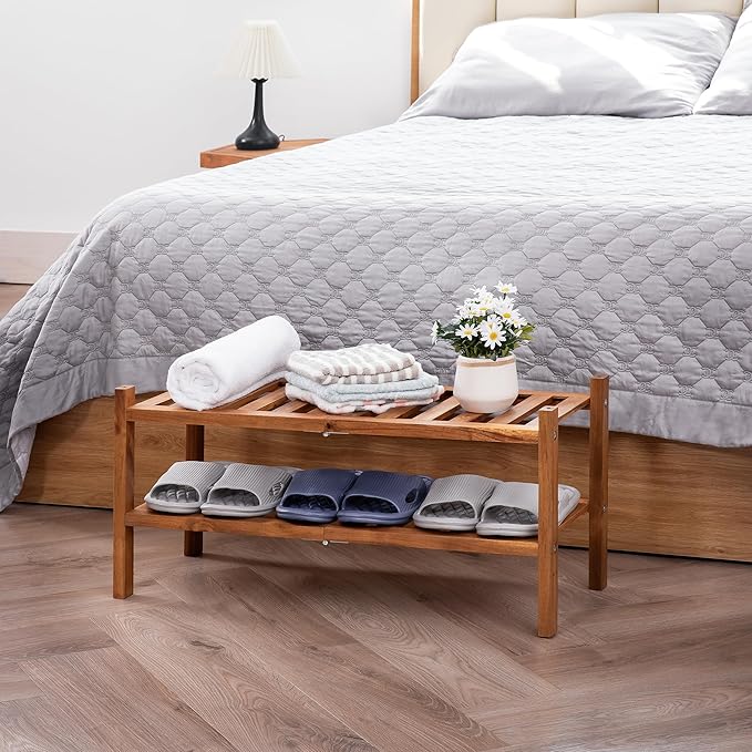 Natural Acacia Wood 2-Tier Folding Shoe Rack – Space-Saving Wooden Shoe Organizer Shelf for Entryway, Hallway, Mudroom, or Closet – Compact Indoor Storage for Footwear & More-NeatNest