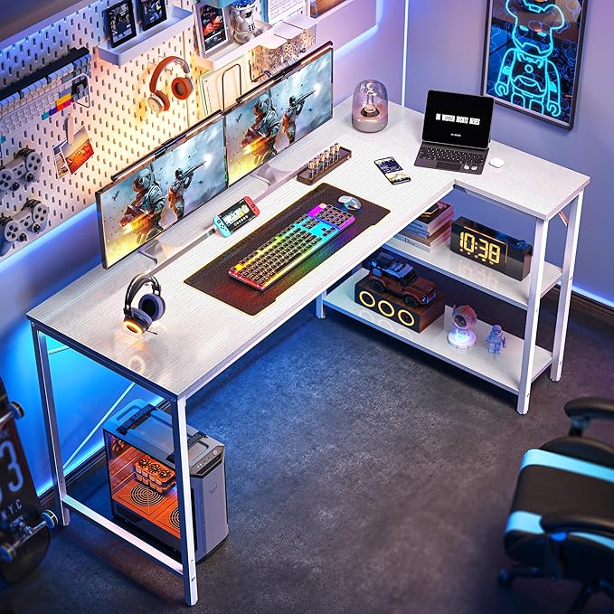 Huuger L Shaped Desk, 55 Inches Computer Desk with Reversible Storage Shelves, for Gaming Corner Home Office Writing Study, Metal Frame, White-NeatNest