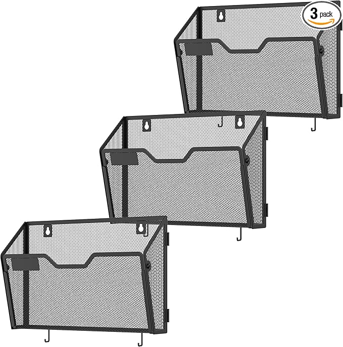 Docnest 3 Pack Hanging Wall File Holders, Mesh Wall Letter File Holder, Wall Mounted Mail Paper Document Folder Holder with Hooks for Office, Home, School, Black