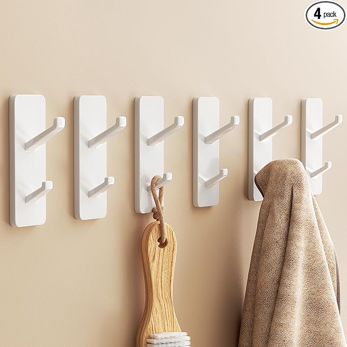 Self Adhesive Wall Hooks for Hanging: Stick on Hold 13 LB,Towel Hooks for Bathroom Kitchen, Shower Door Hanger for Coat, Metal, Stainless, White 6 Pack