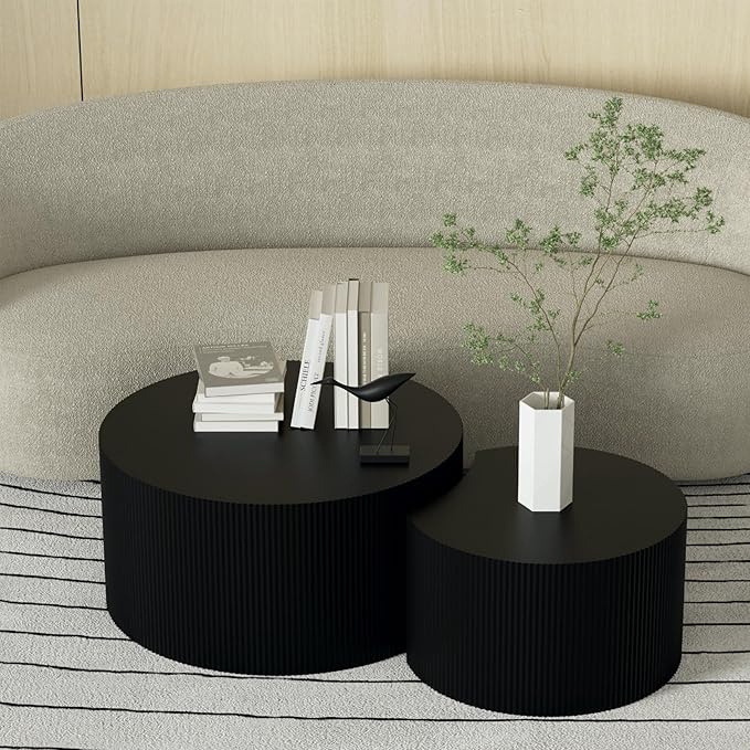 KEVINSPACE Coffee Table Set of 2 Modern, Wooden Circle End TableSet, Living Room Nesting Table Round 2-Piece,No Assembly Required Accent Furniture for Bedroom Balcony Library,Black