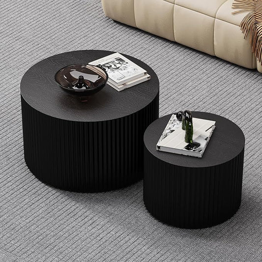 Round Nesting Coffee Table Modern Black Fluted Coffee Table Set of 2 Stripe Round Coffee Tables Circle Drum Coffee Tables Side Table Accent End Table for Living Room (Black Large)