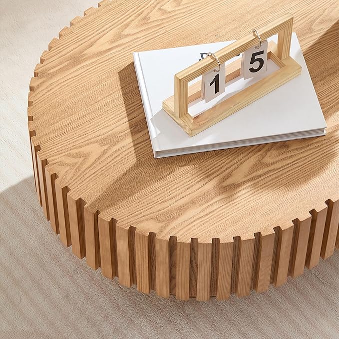 kevinplus 43.7'' Wood Coffee Table Modern Coffee Table for Living Room, Contemporary Circle Fluted Drum Pedestal Style, Easy Assembly, Oak