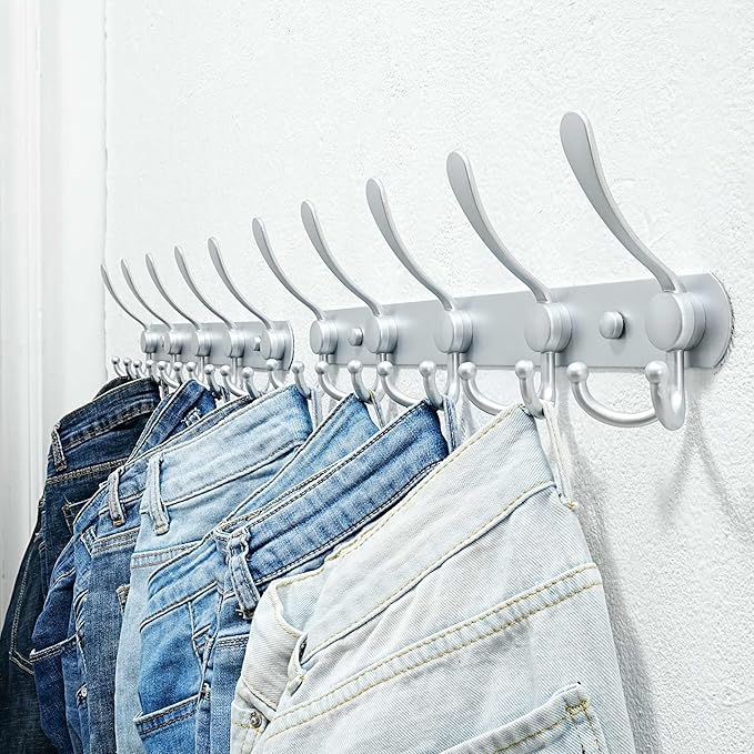 Dseap Coat Rack Wall Mounted - 5 Tri Hooks, Heavy Duty, Stainless Steel, Metal Coat Hook Rail for Coat Hat Towel Purse Robes Mudroom Bathroom Entryway (Silver, Pack of 2)-NeatNest