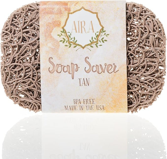 Aira Soap Saver - Soap Dish & Soap Holder Accessory - BPA Free Shower & Bath Cleanser Holder - USA Made - Drains Water, Circulates Air, Extends Life - Easy to Clean, Fits All Dish Sets - Tan-NeatNest