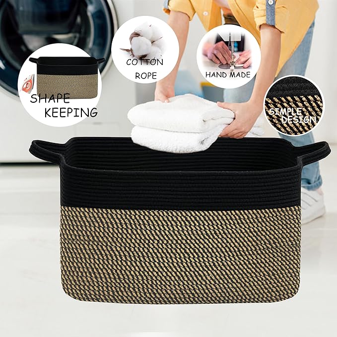 COMFY-HOMI Large Rectangular Blanket, Cotton Rope Woven for Storage, LaundryHamper, Storage,Toy Organizing Bin with Handle, Organizer and Storage-22x15x12-Black/Jute-NeatNest