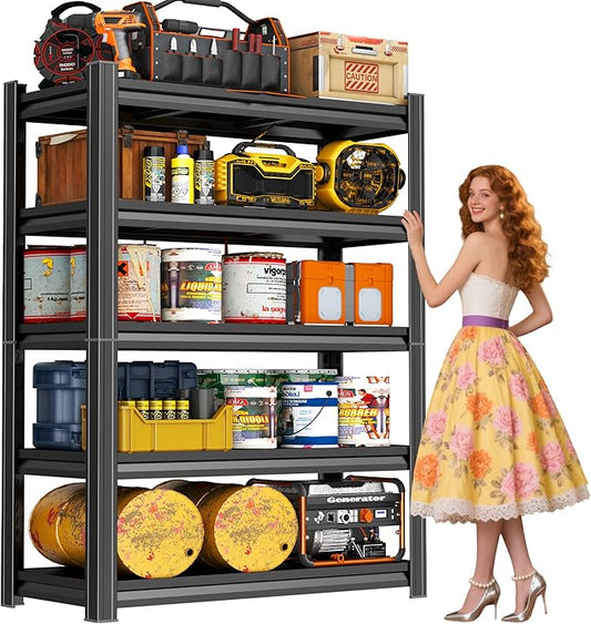 5 Tier Storage Shelves Metal Shelving Unit and Storage Utility Rack Shelf Adjustable Shelf Organizer for Garage, Basement, Pantry Storage, Commercial, Warehouse, Industrial, Laundry Room, Black