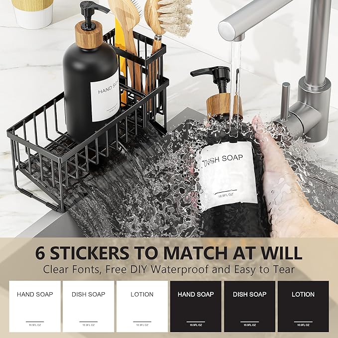 Cisily Kitchen Dish Soap Dispenser Set with 2 Pack Black Glass, Soap Dispensers with Adjustable Black Sink Caddy, Vintage Kitchen Soap Dispenser Set, Hand and Dish Soap Dispensers Set-NeatNest