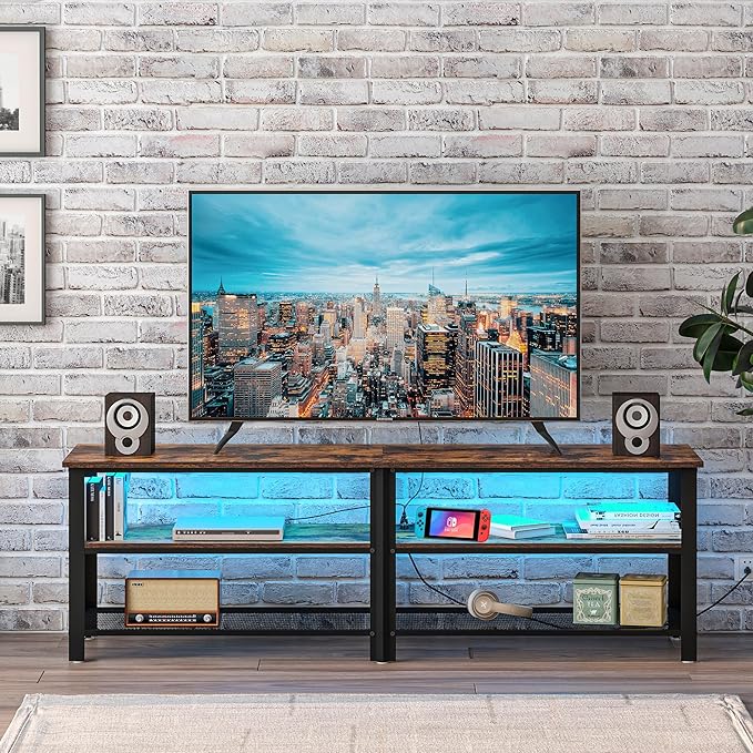 Clikuutory Modern Brown 63 inch Metal TV Stand with LED Lights and Power Outlets for 40 50 55 60 65 70 Inch TVs, 3 Tier Television Stands with Entertainment Center and Storage for Living Room, Bedroom-NeatNest