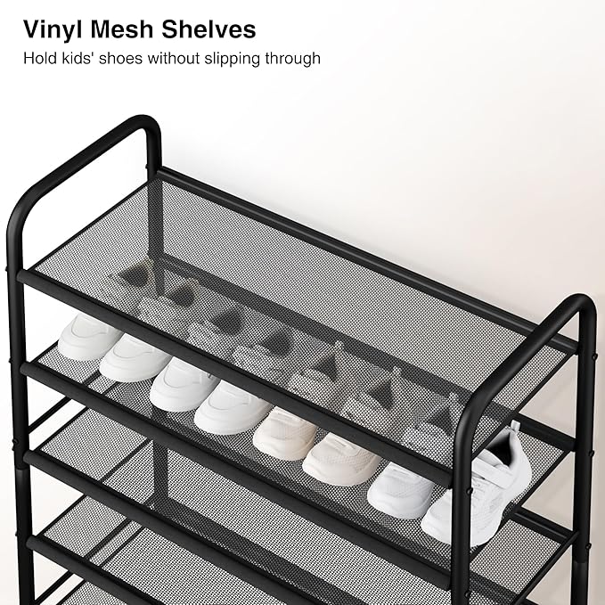 STO STO 5-Tier Shoe Rack with Sturdy Mesh Shelves, Heavy Duty Metal Shoe Organizer for Entryway, Closet, Garage, Front Door, Holds 15 Pairs, Free Standing Shoe Storage Shelf, Adjustable Feet, Black-NeatNest