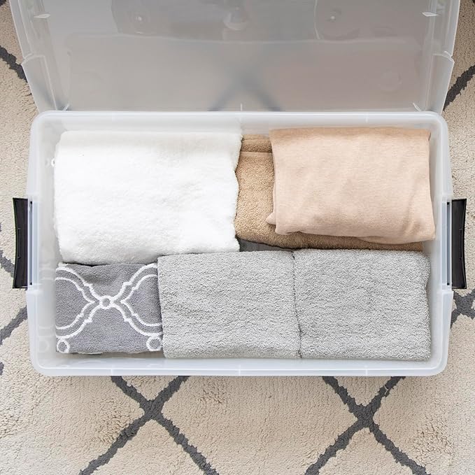 IRIS USA 40 Qt Plastic Under Bed Storage Nestable Organizer Bin Container with Secure Lids and Durable Buckles, 3-Pack, Under Bed Storage Containers for Clothes Shoes Bedding, Black/Clear-NeatNest
