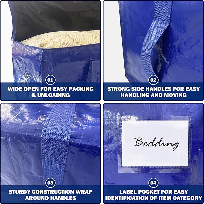 12 Pack Extra Heavy Duty Large Moving Bags with Strong Zipper & Carrying Handles, Sturdy Clothes Storage Bags Totes Bins, Packing Bag Move Boxes College Moving Supplies, Dark Blue - 24 gal-NeatNest
