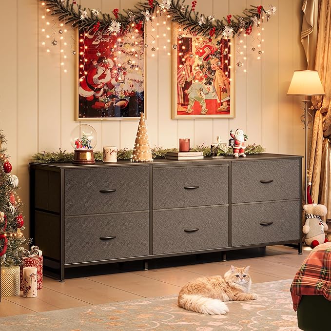 Huuger 63 Inch Long Dresser for Bedroom, Wide TV Stand for 55, 65, 70 Inch TV, 6 Drawer Dresser for Closet with Fabric Drawers, Storage Organizer for Bedroom, Entryway, Black-NeatNest