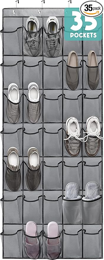 Over the Door Shoe Organizers 35 Mesh Pockets Hanging Shoe Organizer Shoe Rack for Closet Entryway Bedroom Bathroom Pantry Shoe Holder for Men Sneakers, Women High Heeled Shoes, flip flops Gray-NeatNest