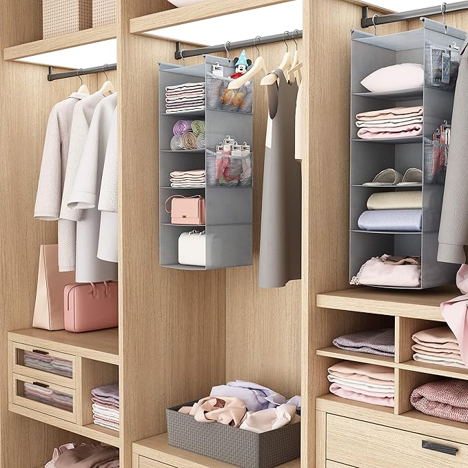 MAX Houser 5 Shelf Hanging Closet Organizer,Space Saver, Closet Hanging Shelves with (4) Side Pockets,Foldable,Light Grey-NeatNest