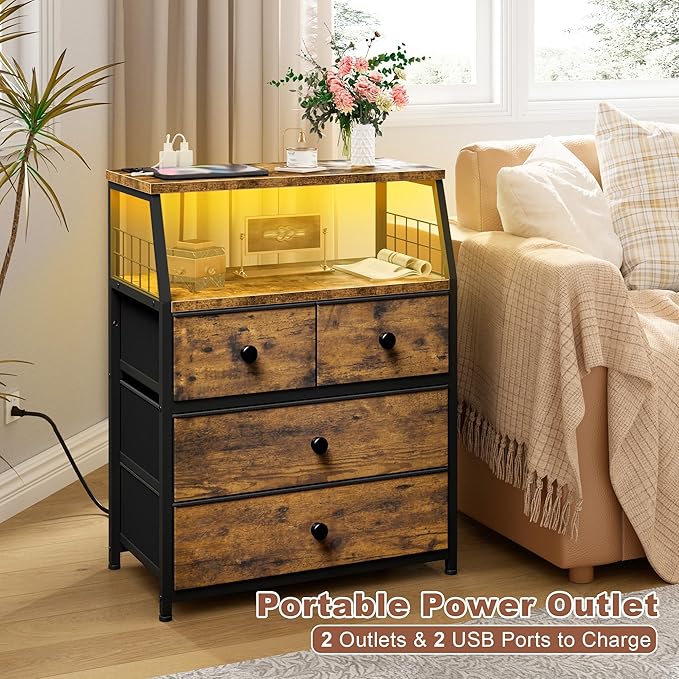 EnHomee Nightstand with Charging Station & LED Lights, 21.8" W Bedside Table with 4 Fabric Drawers, Night Stand with Outlets and 2 Ports for Bedroom, Table with Wood Shelf, Rustic Brown