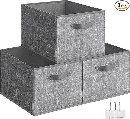 SONGMICS Storage Baskets, Set of 3 Fabric Storage Bins, 15.7 x 11.8 x 9.5 Inches, Foldable Closet Organizer for Shelves, 2 Handles, Label Holders, for Bedroom, Living Room, Cattail Gray UROB440G01