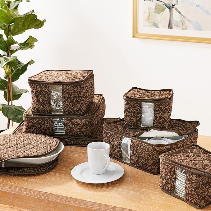 8-Piece Storage Containers Set – China, Brown, Quilted, Stackable Dish & Plate Protectors – Glass & Dinnerware Organizer Lids – Kitchen Storage for Meal, Tupperware, Glass Containers & Food Storage-NeatNest