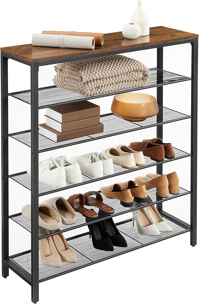 VASAGLE 6-Tier Shoe Rack, Shoe Organizer for Closet, Entryway, 24-30 Pairs of Shoes, Large Shoe Rack Organizer with 5 Metal Mesh Shelves, 11.8 x 39.4 x 43.3 Inches, Rustic Brown and Black ULBS016B01-NeatNest