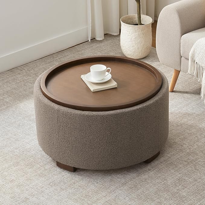 30 Inch Round Storage Ottoman Coffee Table, Modern Boucle Ottoman with Lift-Off Lid and Solid Wood Legs for Living Room, Bedroom, Corners, Apartments (Brown)
