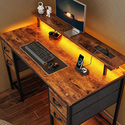 Huuger 47 inch Computer Desk with 4 Drawers, Gaming Desk with LED Lights & Power Outlets, Home Office Desk with Large Storage Space for Bedroom, Work from Home, Rustic Brown-NeatNest