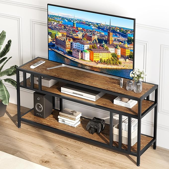 Garvee 58" TV Stand for Television up to 65 Inches, Entertainment Center with 3-Tier Open Shelves, TV Media Console Table with Quadruple-Tube Support for Living Room, Entryway, Rustic Brown-NeatNest