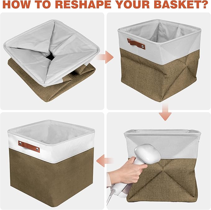 11in Open Fabric Storage Basket with Leather Handles for Organizing, Collapsible Linen Closet Bins for Shelves, Closets, Laundry, Decorative Basket for Gifts. (White＆Brown, 3PCS/11x11in)-NeatNest
