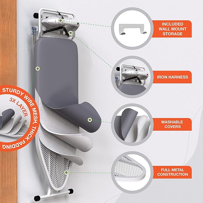 Xabitat Full Size Ironing Board 57" X 18" with Wall Mount Hanger, Full Metal Construction Iron Board, Built in Iron Caddy, Heat & Scorch Resistant Fabric, Cord Holder, Anti-Skid Feet, Heavy Duty