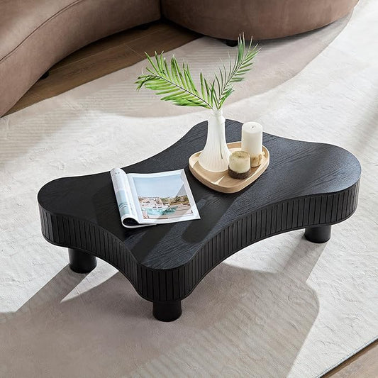 kevinplus 42.52'' Black Wood Coffee Table Modern Coffee Table for Living Room, Contemporary Irregular Drum Curved Handcraft Coffee Table with Strong Legs, Easy Assembly, Black