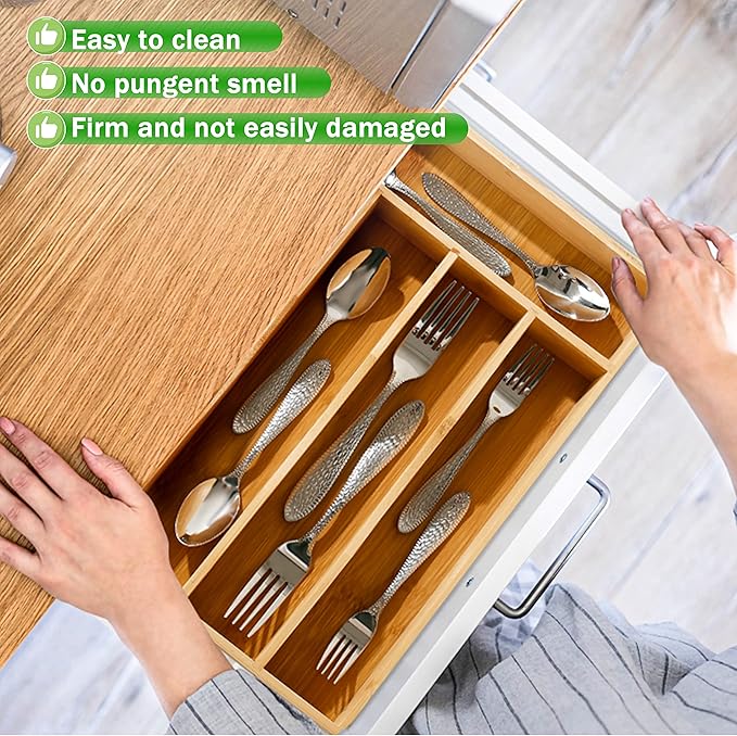 Greenual Silverware Organizer 10 In Utensil Organizer Silverware Tray for Drawer Cutlery Flatware Organizer for Kitchen Bamboo Wood-NeatNest