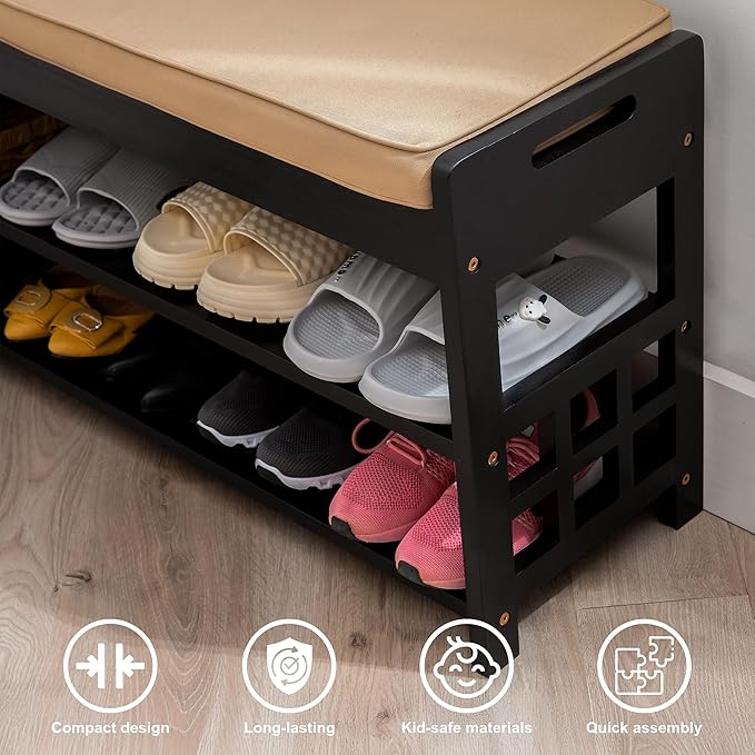 Wooden Shoe Rack with Bench Seat - Black Acacia Wood Entryway Organizer with Cushioned Top & Easy-Move Handles - Multi-Level Shoe Shelf (39.4 x 11.6X 19.29)-NeatNest