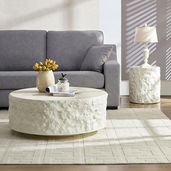 kevinplus Round Side Table End Table for Living Room, Modern Contemporary Faux Stone Style Fiberglass Material, No Assembly (Beige, ø15.7'' x 17.7'')