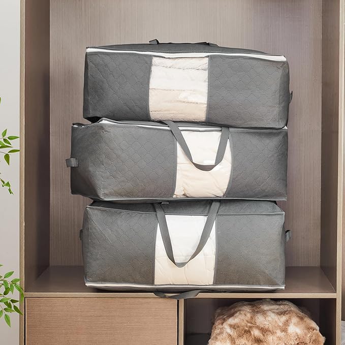 105L Extra Large Storage Bags for Blankets, King Comforters, Bedding, Clothes, Pillows, Sheets - Closet Organizers and Storage with 4 Handles & Clear Window, Foldable & Breathable (Grey, 3pack)-NeatNest