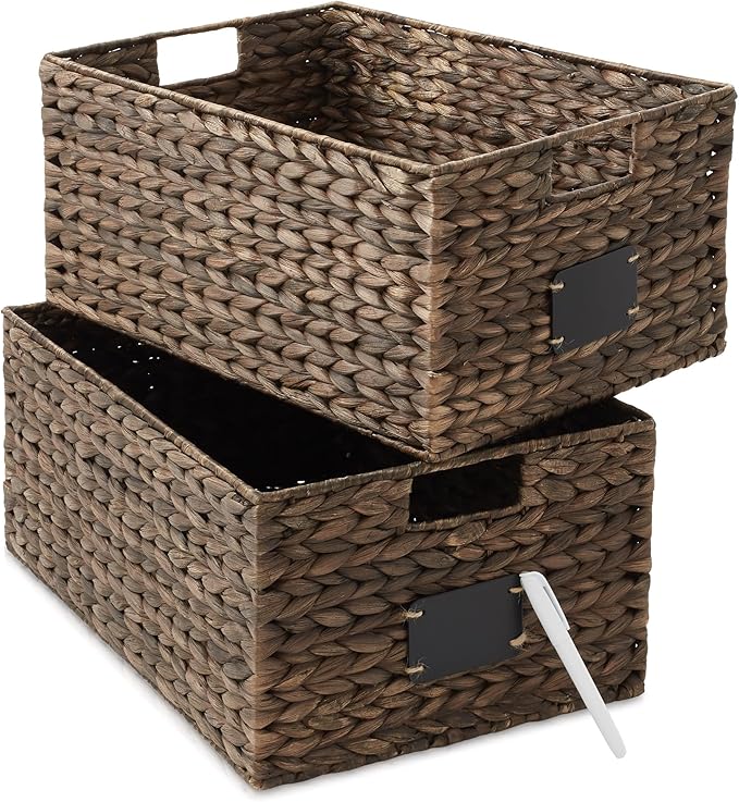 Casafield Set of 2 Water Hyacinth Pantry Baskets, 12-1/2" x 17" x 8", with Chalkboard Labels and Chalk Marker - Espresso, Woven Storage Bin Organizers for Kitchen Shelves-NeatNest
