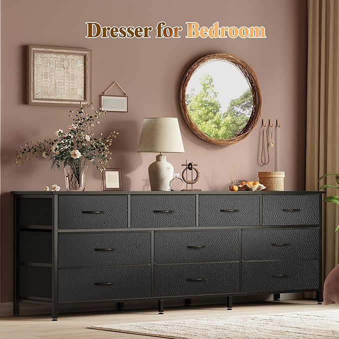 Huuger 63 Inch Dresser for Bedroom, Long Dresser with 10 Fabric Drawers, TV Stand for 55, 65, 70 Inch TV, Toy Storage Organizer for Closet, Black-NeatNest