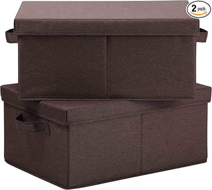 HOONEX Linen Foldable Storage Bins with Lids, 2 Pack, Storage Boxes with Carrying Handles and Sturdy Heavy Cardboard, 16.5" L x 11.8" W x 7.5" H for Shoes, Clothes, Brown-NeatNest