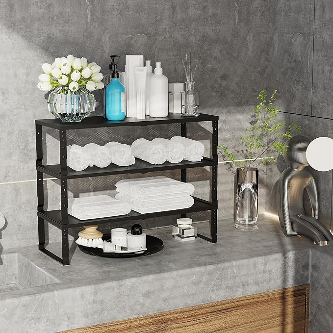 Expandable Adjustable Stackable Kitchen Organizer, Spice Rack,Metal Pantry Storage Shelves Racks,Counter Shelf for Cabinets, Countertop, Cupboard(1 Pack/Medium/Black)-NeatNest