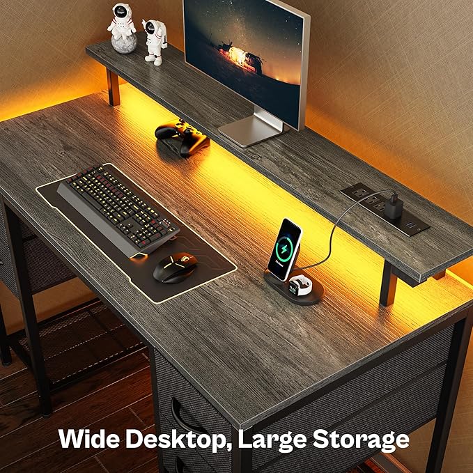 Huuger 47 inch Computer Desk with 4 Drawers, Gaming Desk with LED Lights & Power Outlets, Home Office Desk with Large Storage Space for Bedroom, Work from Home, Grey-NeatNest