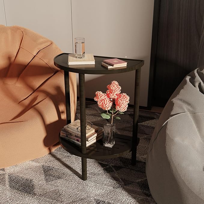 End Table, Half Moon Side Tables, Living Room Half Round 2 Tier Table for Small Space, Living Room Bedroom Couch Tables with Storage Shelf (Black)
