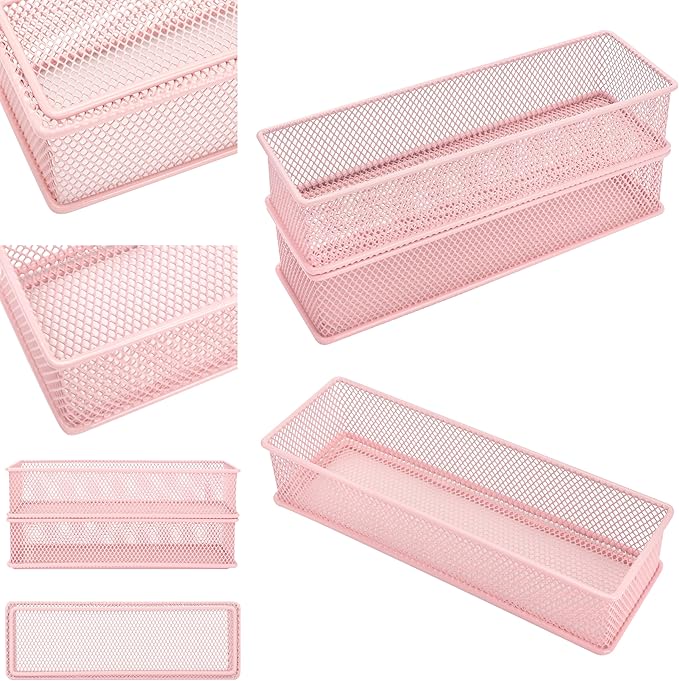 Annova Mesh Stackable Drawer Cabinet and Shelf Organizer Bins Storage Basket School Office Supply Holder Tray- Set of 2 (Light Pink, 3x9x2 Inch)-NeatNest
