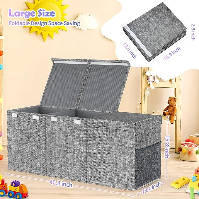 Extra Large Toy Box, Collapsible Sturdy Kids Toy Chest for Boys, Girls, 40"x14"x16" Storage Organizer Toddler Storage Bins with Lids, Toybox Basket for Living Room, Bedroom, Nursery, Gray